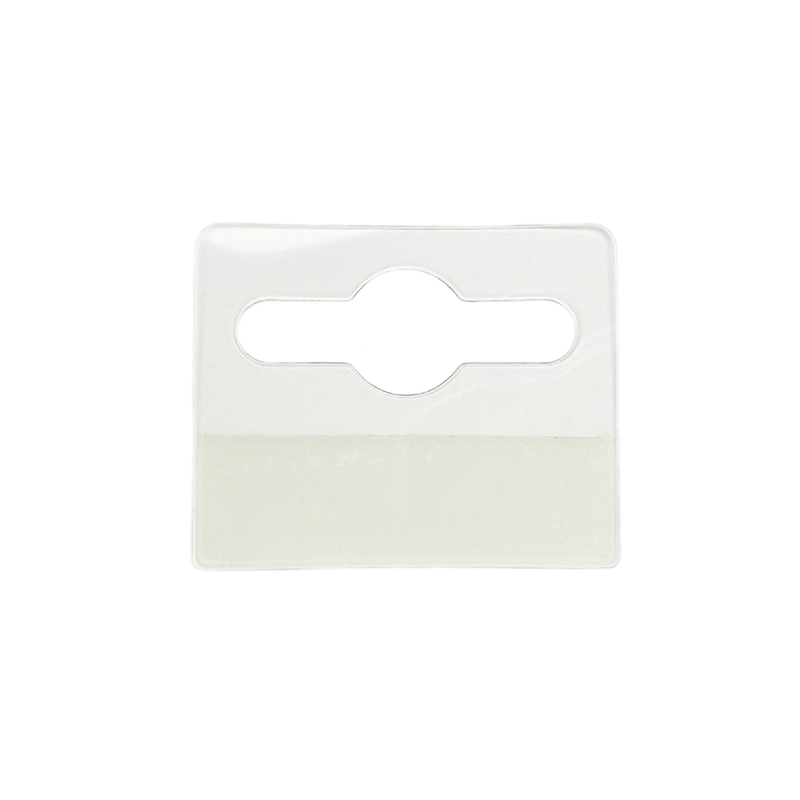 Transparenter Eurolochaufhänger aus PET im Format 40 x 32 Millimeter auf Rolle mit 500 Stück, selbstklebend zur Aufhängung an Eurohaken.