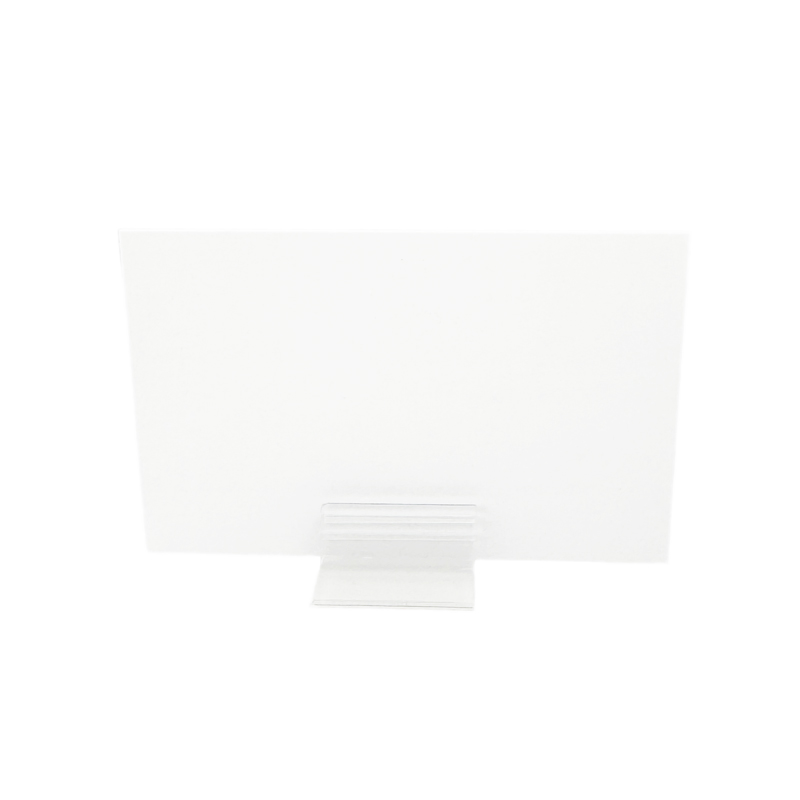 Kartenhalter transparent aus PVC mit selbstklebendem PE Schaum Träger im 90 Grad Winkel zur Aufnahme von Preisschildern aus Papier oder Karton.