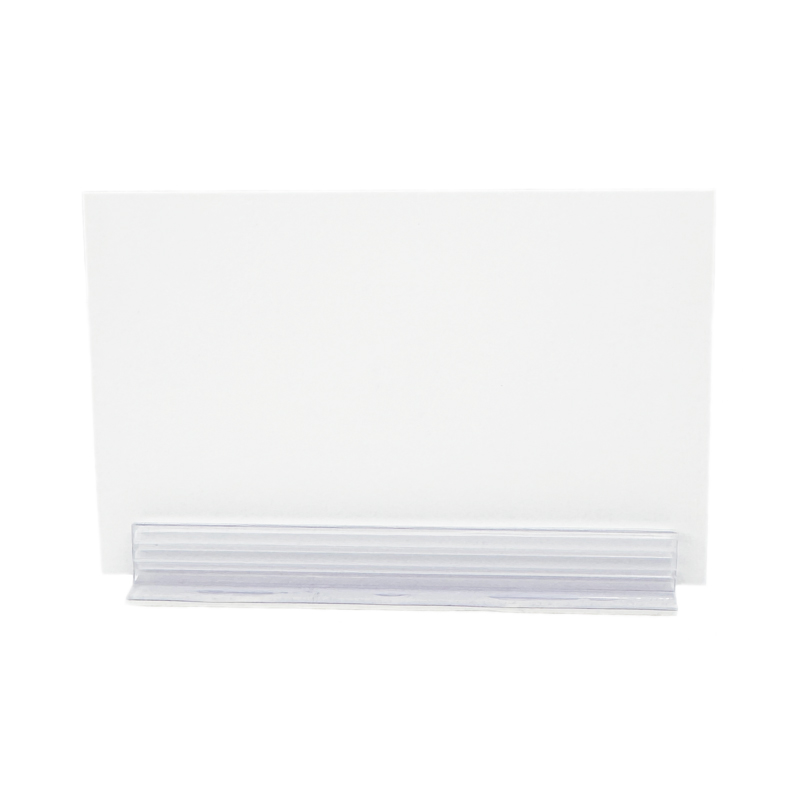 Kartenhalter transparent aus PVC mit selbstklebendem PE Schaum Träger im 90 Grad Winkel zur Aufnahme von Preisschildern aus Papier oder Karton.