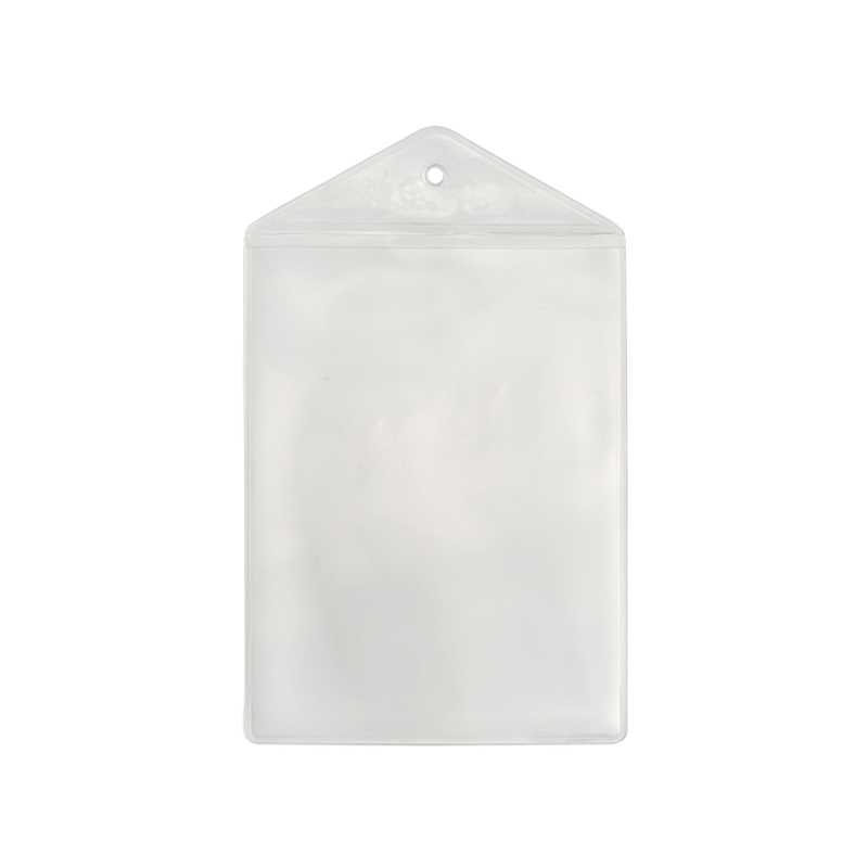 Transparente Preishülle A7 im Hochformat mit dachförmigem Hängerand und Rundloch