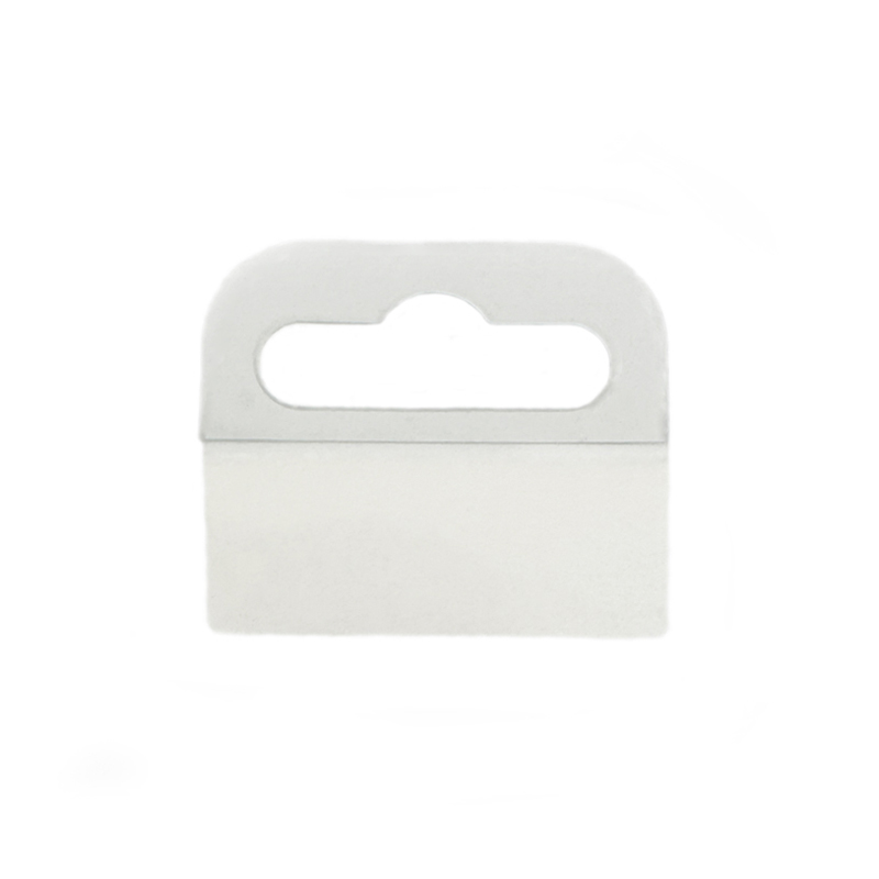 Transparenter Eurolochaufhänger aus PET im Format 44 x 36 Millimeter auf Rolle mit 500 Stück, selbstklebend zur Aufhängung an Eurohaken.