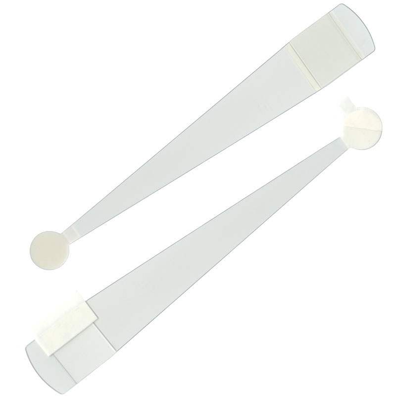 Transparenter Regalwobbler 208 mm mit abloesbarer Reinacrylat Klebeflaeche am Regal und Schaumklebepunkt fuer das Schild