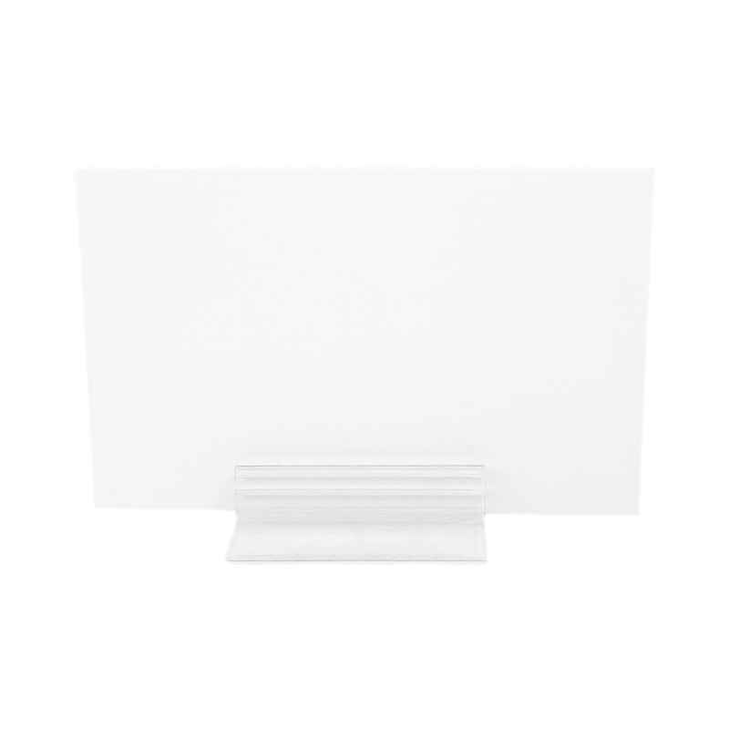 Kartenhalter transparent aus PVC mit selbstklebendem PE Schaum Träger im 90 Grad Winkel zur Aufnahme von Preisschildern aus Papier oder Karton.