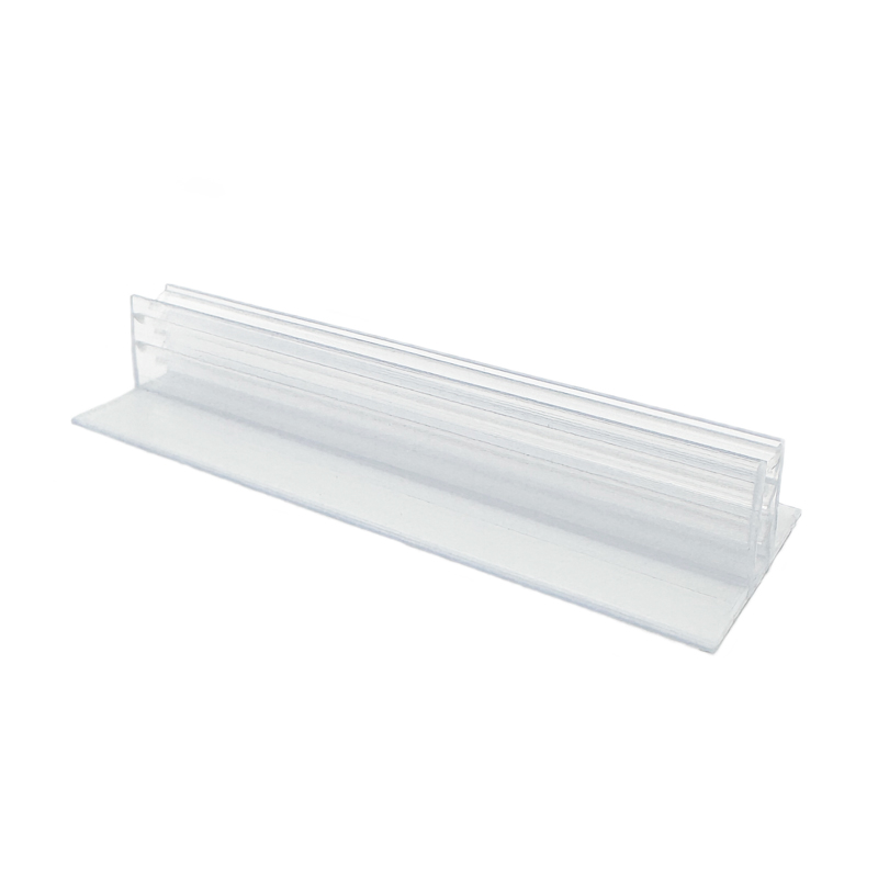 Kartenhalter transparent aus PVC mit selbstklebendem PE Schaum Träger im 90 Grad Winkel zur Aufnahme von Preisschildern aus Papier oder Karton bis 1 mm.