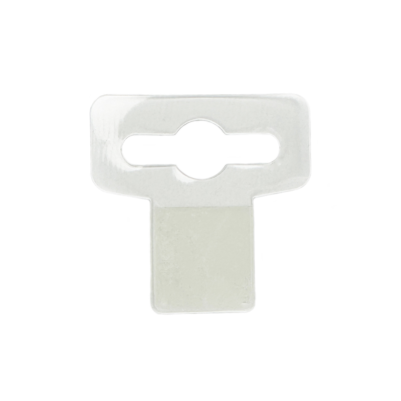 Transparenter Eurolochaufhänger aus PET im Format 44 x 45 Millimeter auf Rolle mit 500 Stück, selbstklebend zur Aufhängung an Eurohaken.