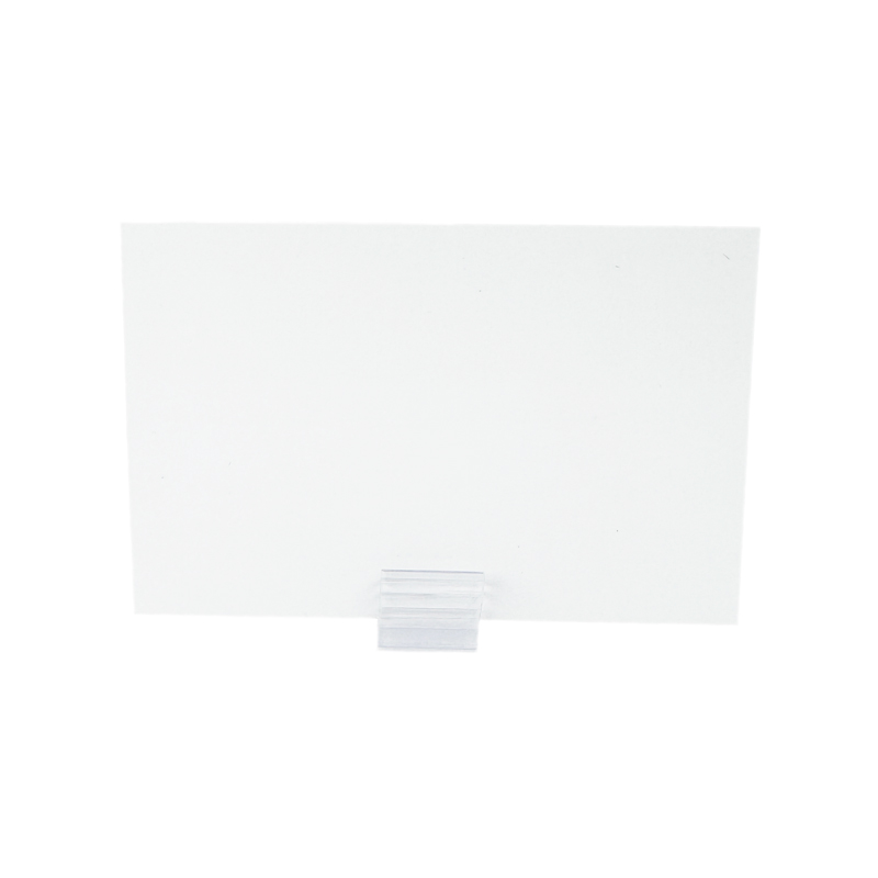 Kartenhalter aus transparentem PVC mit selbstklebendem PE Schaum Träger im 90 Grad Winkel zur Aufnahme von Preisschildern aus Papier oder Karton.