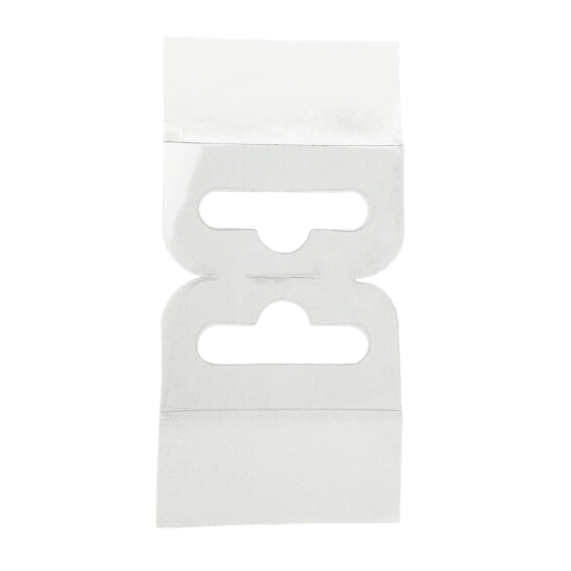 Transparenter Eurolochaufhänger aus PET im Format 50 x 50 Millimeter mit zwei Klebeflächen auf Rolle mit 500 Stück, selbstklebend zur Aufhängung an Eurohaken.