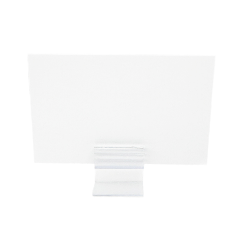 Kartenhalter transparent aus PVC mit flexiblem Steg und selbstklebendem PE Schaum Träger im 90 Grad Winkel zur Aufnahme von Preisschildern aus Papier oder Karton.