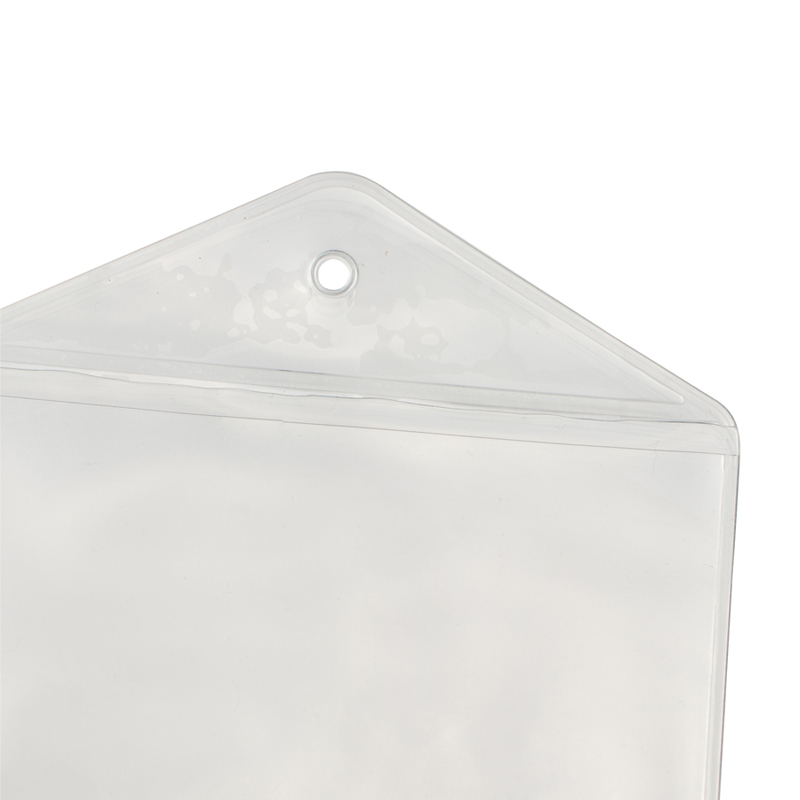 Transparente Preishülle A7 im Hochformat mit dachförmigem Hängerand und Rundloch