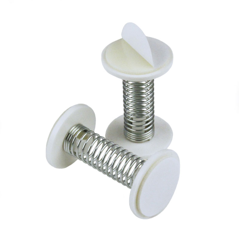 Deko Spring weiss mit 30 mm Feder einem groesseren Schaumklebepunkt und einem kleineren Reinacrylat Klebepunkt fuer abloesbare Aktionsschilder