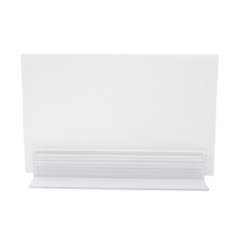 Kartenhalter transparent aus PVC mit selbstklebendem PE Schaum Träger im 90 Grad Winkel zur Aufnahme von Preisschildern aus Papier oder Karton bis 1 mm.