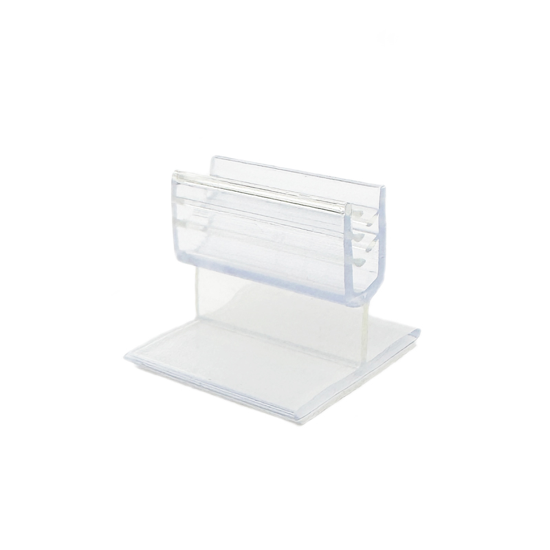 Kartenhalter transparent aus PVC mit flexiblem Steg und selbstklebendem PE Schaum Träger im 90 Grad Winkel zur Aufnahme von Preisschildern aus Papier oder Karton.