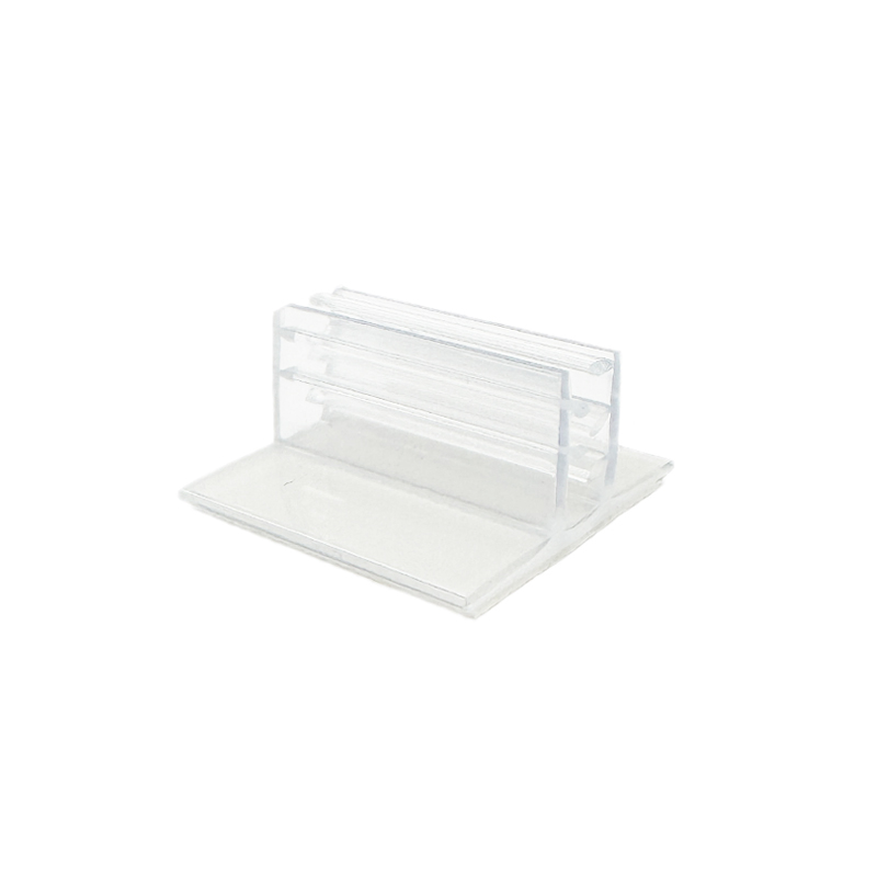 Kartenhalter transparent aus PVC mit selbstklebendem PE Schaum Träger im 90 Grad Winkel zur Aufnahme von Preisschildern aus Papier oder Karton.