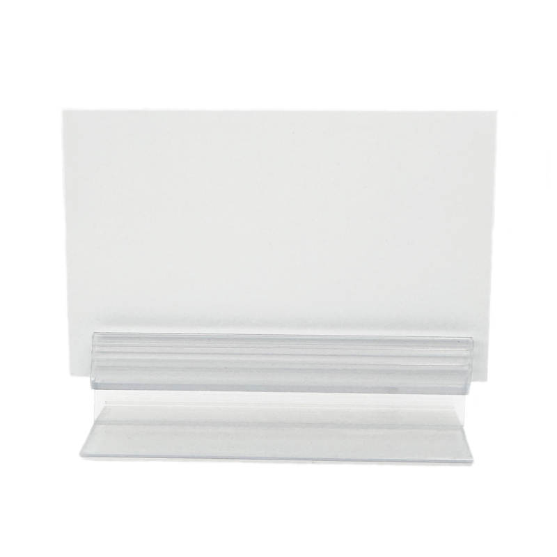 Kartenhalter transparent aus PVC, flexibel und selbstklebend mit PE Schaum Träger im 90 Grad Winkel zur Aufnahme von Preisschildern aus Papier oder Karton.