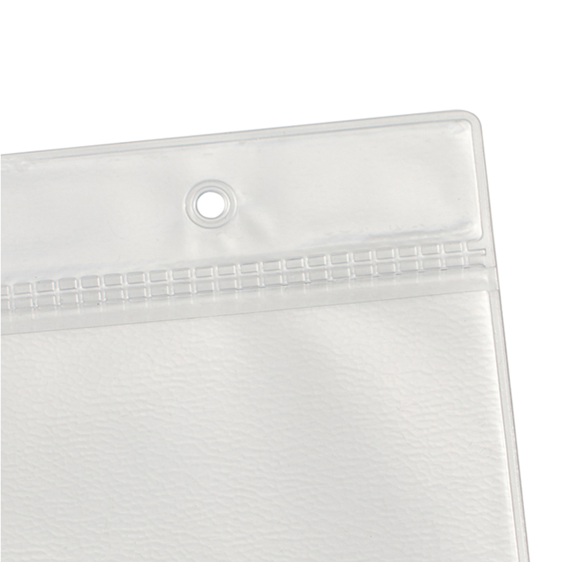 Transparente Preishülle A8 im Hochformat aus Weich PVC mit Hängerand und Rundloch