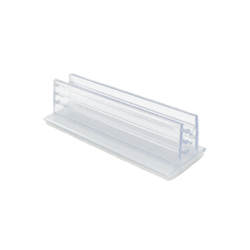 Kartenhalter transparent aus PVC mit selbstklebendem PE Schaum Träger im 90 Grad Winkel zur Aufnahme von Preisschildern aus Papier oder Karton.