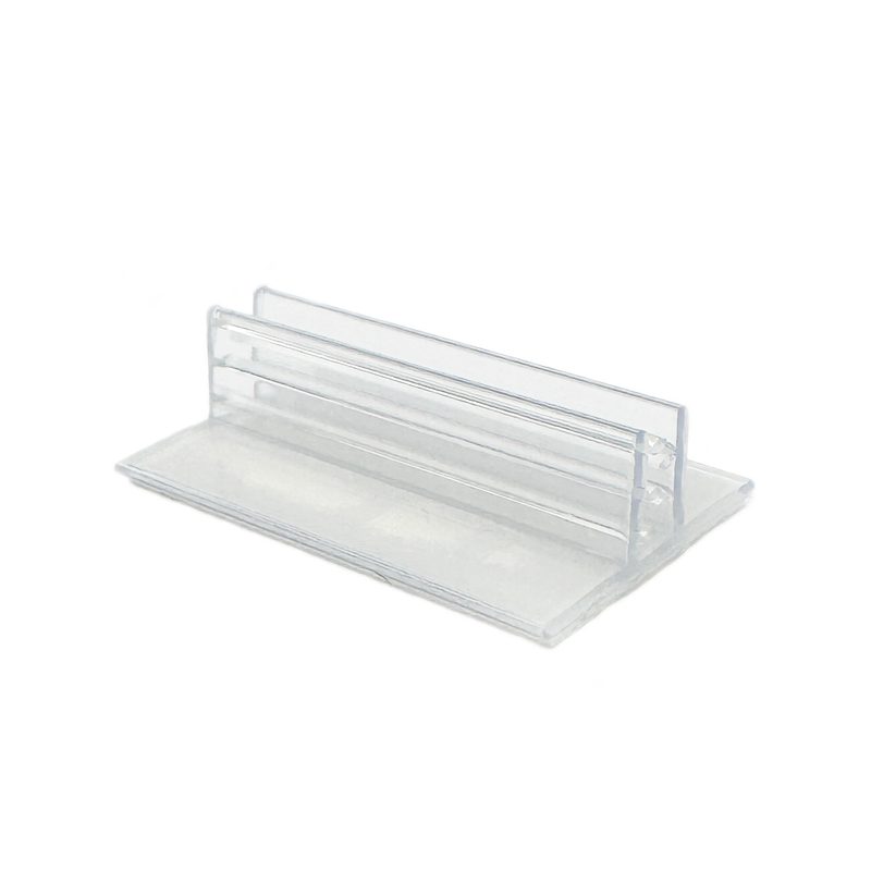 Kartenhalter transparent aus PVC mit selbstklebendem PE Schaum Träger im 90 Grad Winkel zur Aufnahme von Preisschildern aus Papier oder Karton.