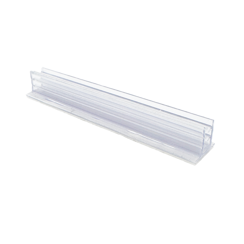 Kartenhalter transparent aus PVC mit selbstklebendem PE Schaum Träger im 90 Grad Winkel zur Aufnahme von Preisschildern aus Papier oder Karton.